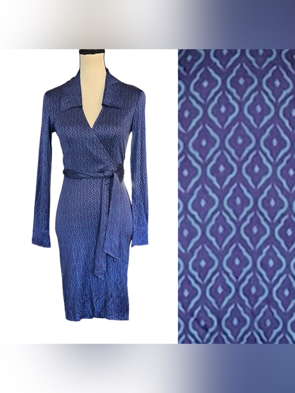 Vintage 90s Diane Von Furstenberg DVF Long Sleeve Collared Silk Wrap Dress